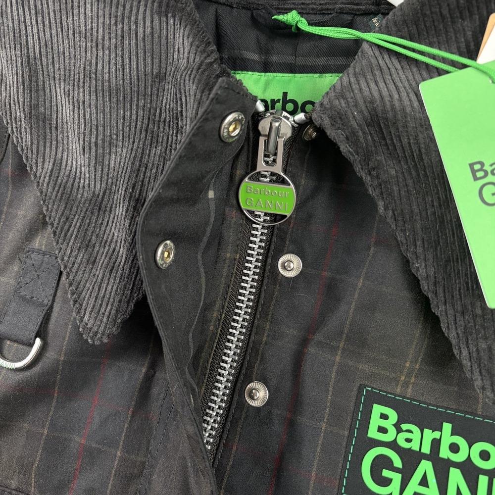Barbour x Ganni Jacket Womens 8 Black Tartan Waxed Hooded Smock Anorak NWT - Picture 4 of 14